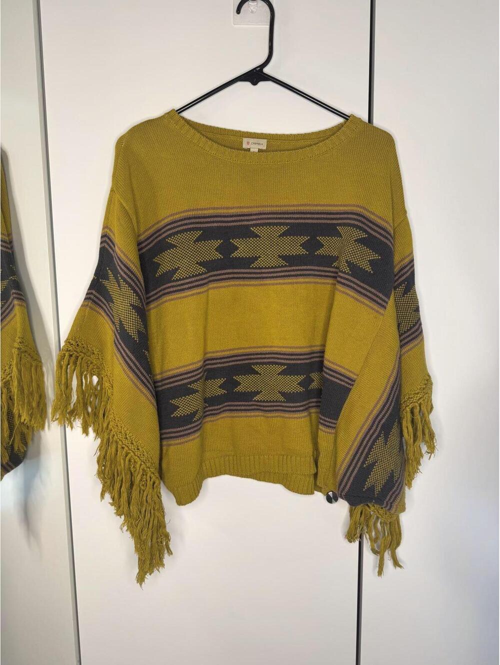 Cremieux Mustard Yellow Cotton Poncho Sweater with Fringe